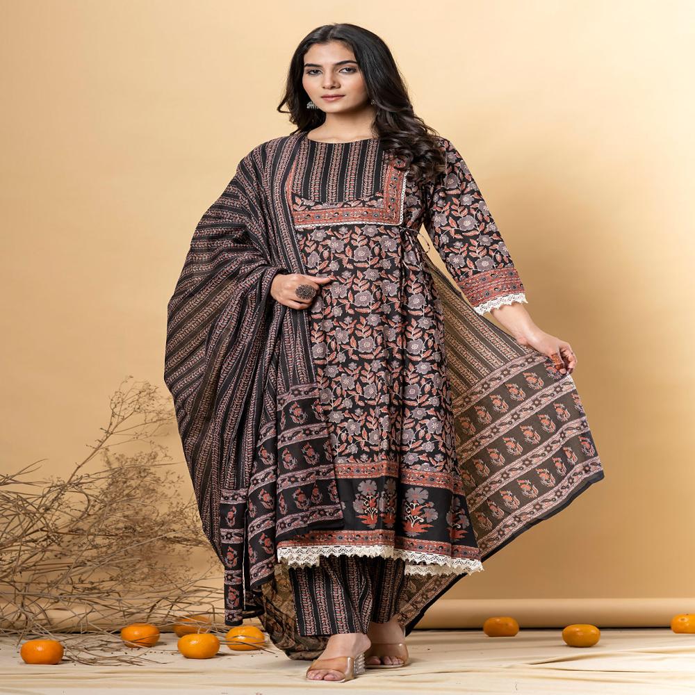 Anarkali Style Cotton Fabric Black Color Kurta And Bottom With Dupatta