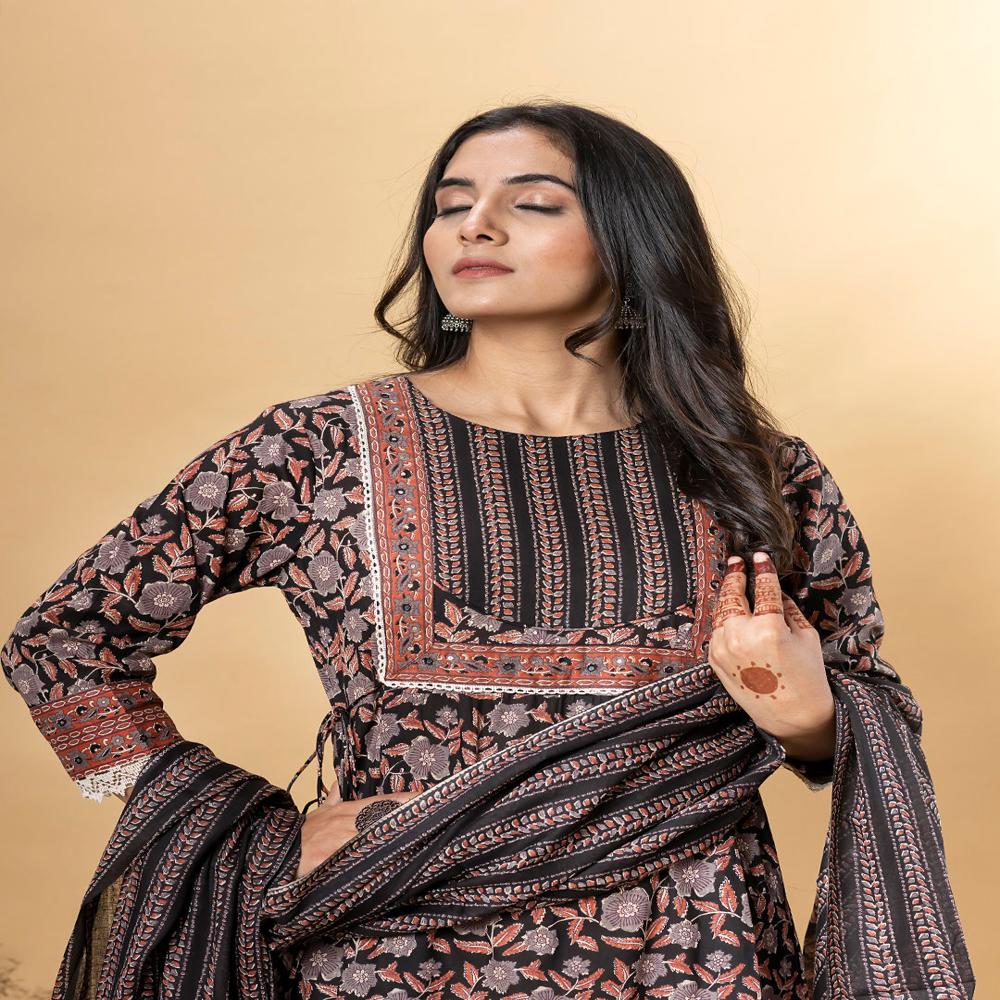 Anarkali Style Cotton Fabric Black Color Kurta And Bottom With Dupatta