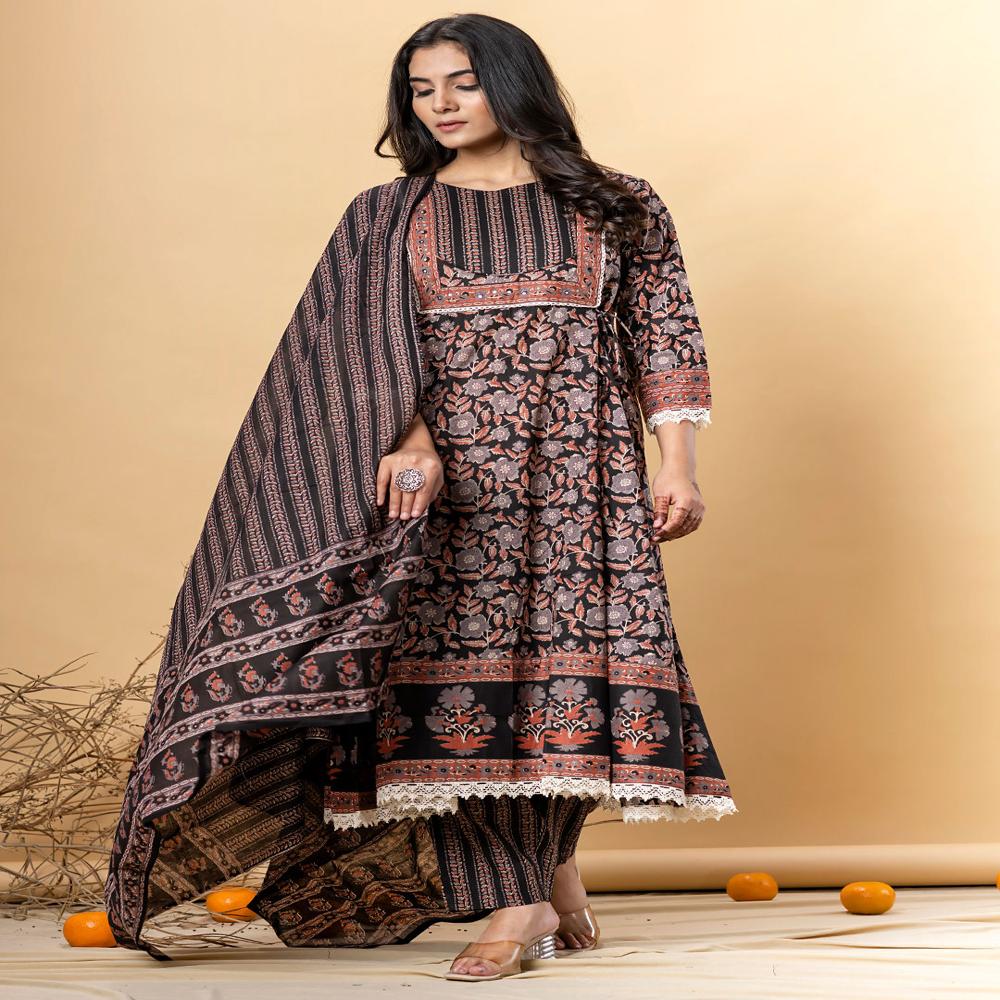 Anarkali Style Cotton Fabric Black Color Kurta And Bottom With Dupatta