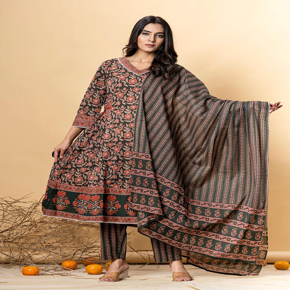 Anarkali Style Cotton Fabric Green Color Kurta And Bottom With Dupatta