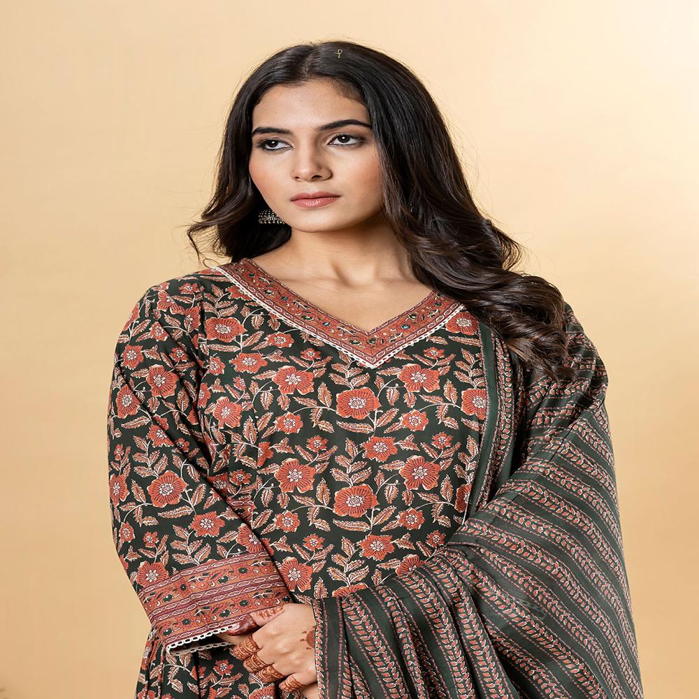 Anarkali Style Cotton Fabric Green Color Kurta And Bottom With Dupatta