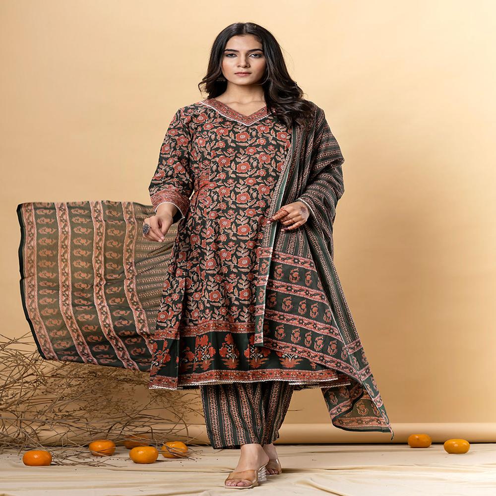 Anarkali Style Cotton Fabric Green Color Kurta And Bottom With Dupatta