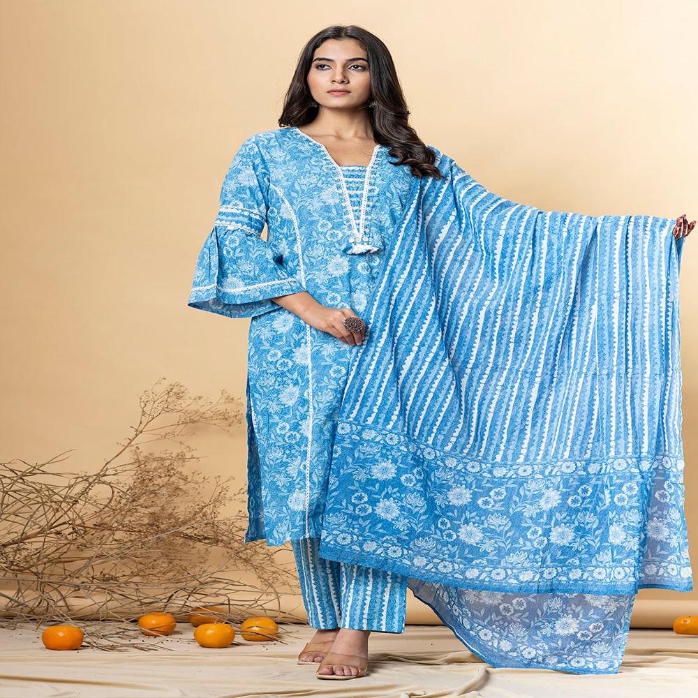 Straight Style Cotton Fabric Blue Color Kurta And Bottom With Dupatta