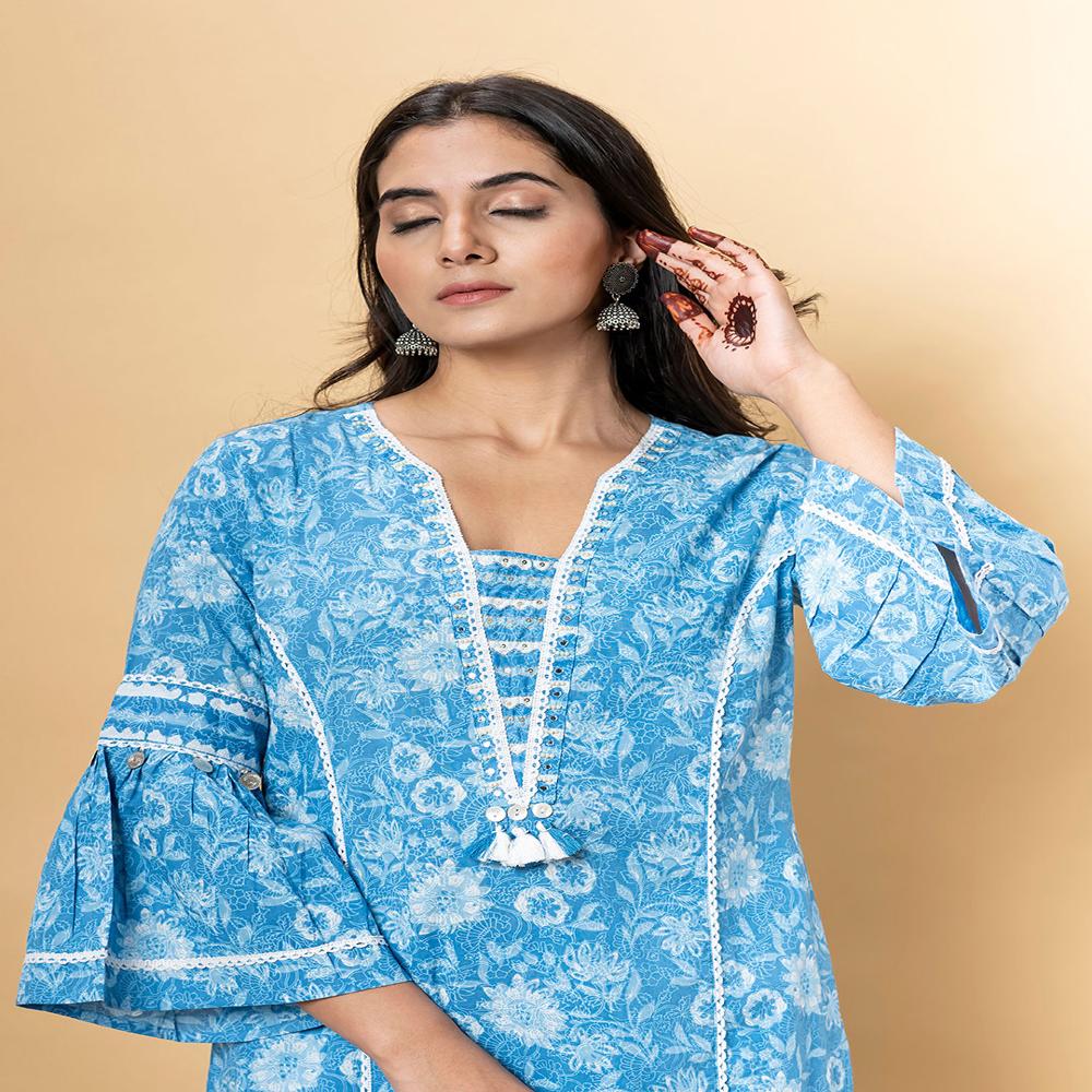 Straight Style Cotton Fabric Blue Color Kurta And Bottom With Dupatta