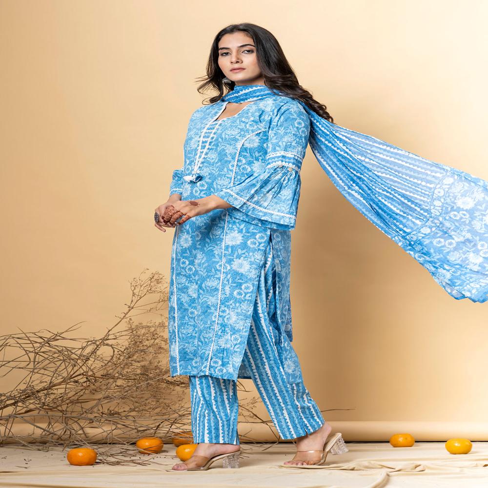 Straight Style Cotton Fabric Blue Color Kurta And Bottom With Dupatta