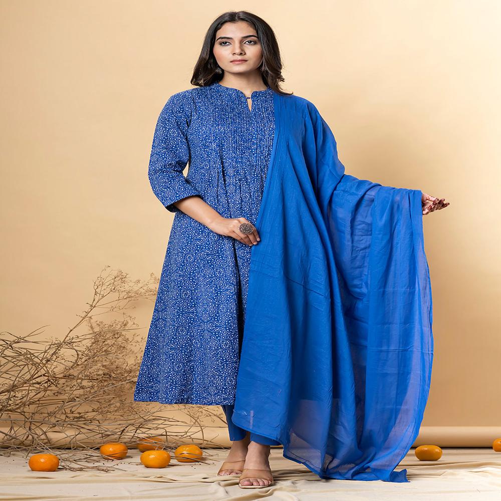 A Line Style Cotton Fabric Navy Blue Color Kurta And Bottom With Dupatta