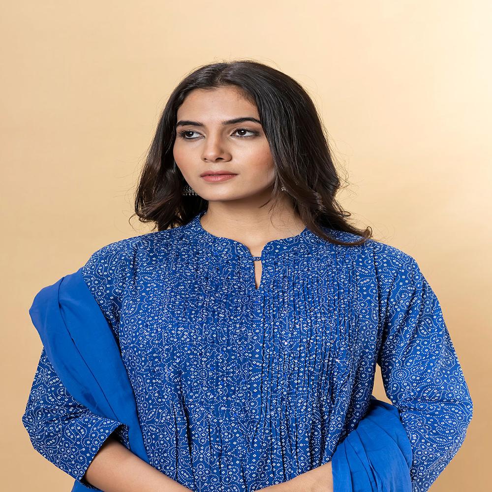 A Line Style Cotton Fabric Navy Blue Color Kurta And Bottom With Dupatta