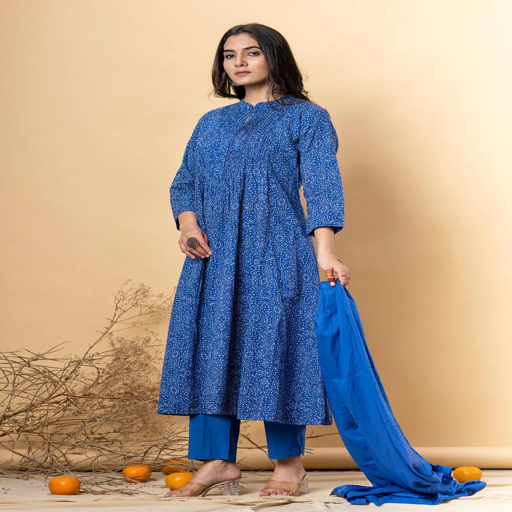 A Line Style Cotton Fabric Navy Blue Color Kurta And Bottom With Dupatta