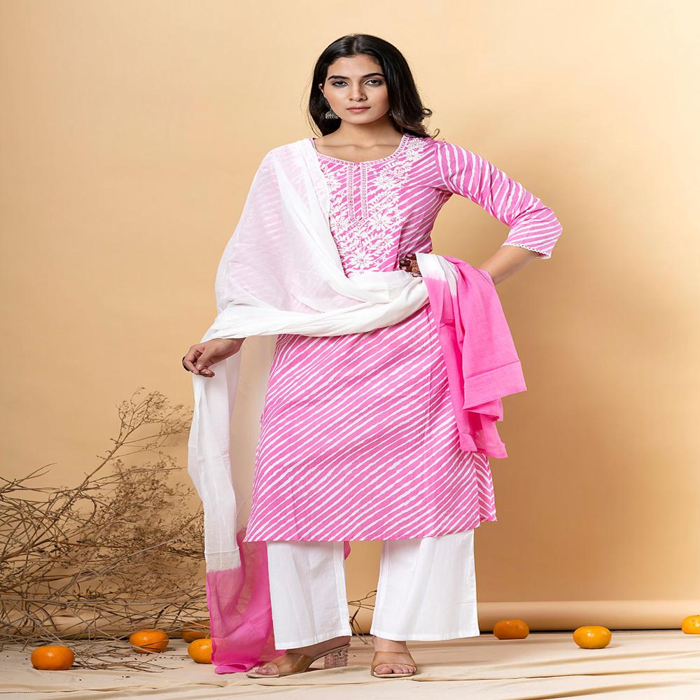 Straight Style Cotton Fabric Pink Color Kurta And Bottom With Dupatta