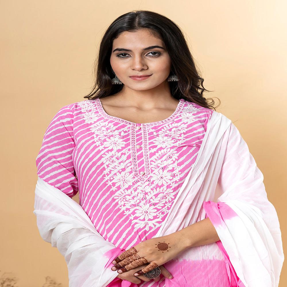 Straight Style Cotton Fabric Pink Color Kurta And Bottom With Dupatta