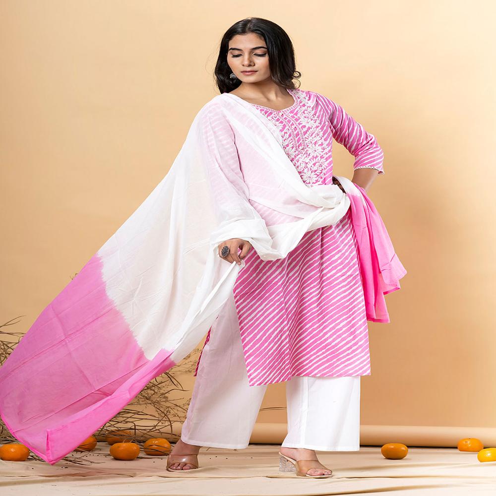 Straight Style Cotton Fabric Pink Color Kurta And Bottom With Dupatta