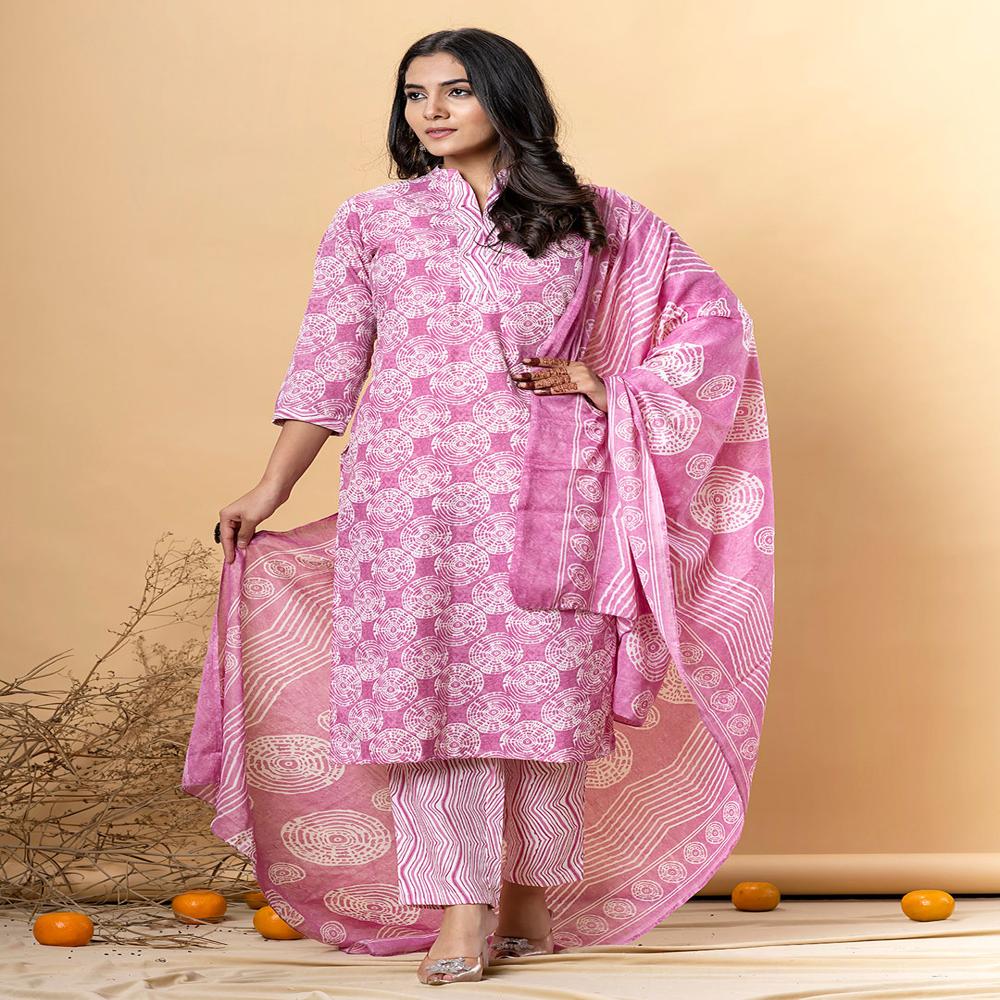 Straight Style Cotton Fabric Mauve Color Kurta And Bottom With Dupatta