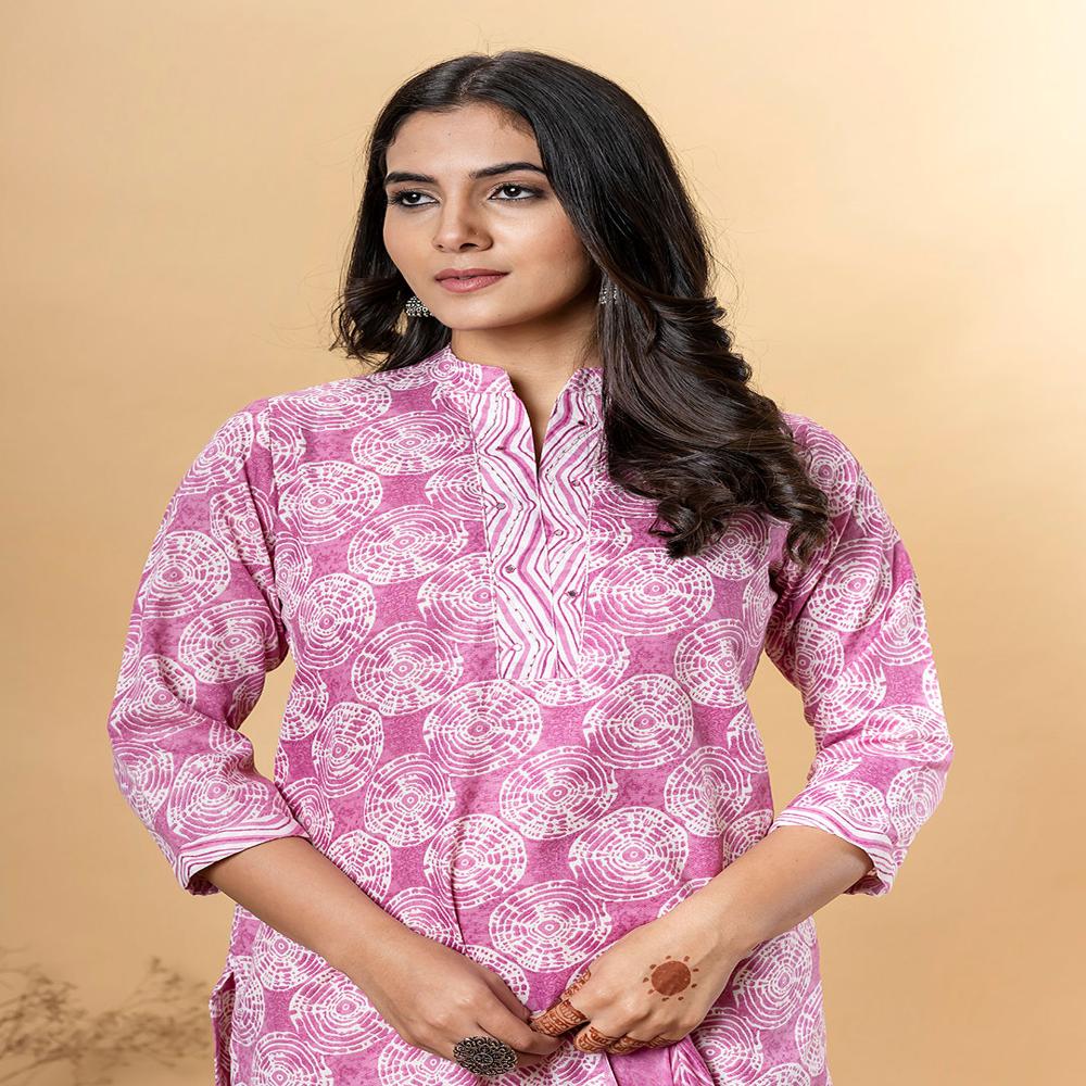 Straight Style Cotton Fabric Mauve Color Kurta And Bottom With Dupatta