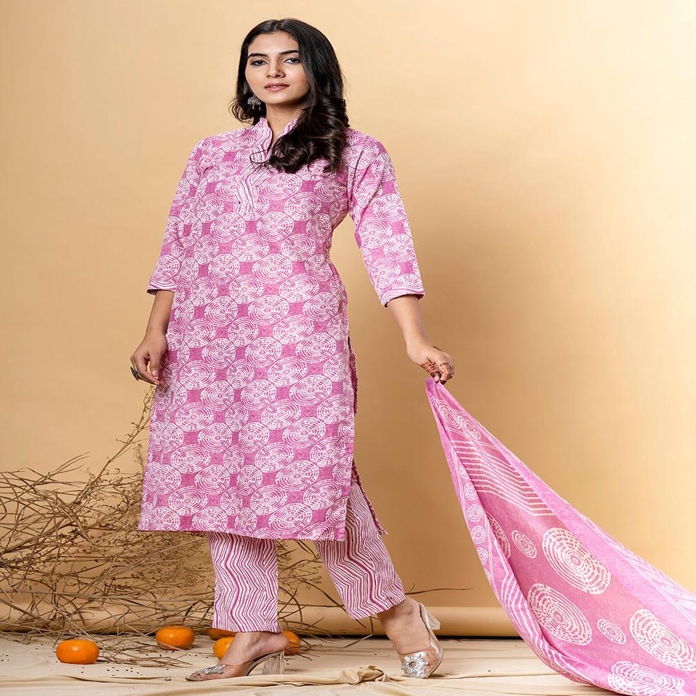 Straight Style Cotton Fabric Mauve Color Kurta And Bottom With Dupatta