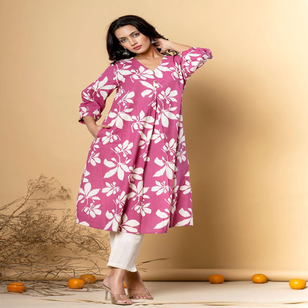 Anarkali Style Poly Cotton Fabric Pink Color Kurta And Bottom