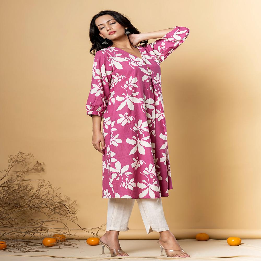 Anarkali Style Poly Cotton Fabric Pink Color Kurta And Bottom 