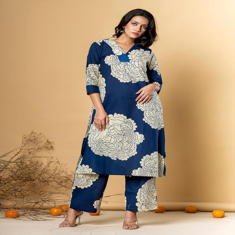 Straight Style Cotton Fabric Navy Blue Color Kurta With Bottom