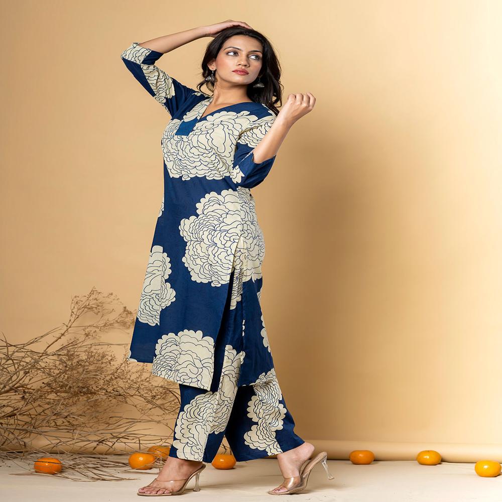 Straight Style Cotton Fabric Navy Blue Color Kurta With Bottom