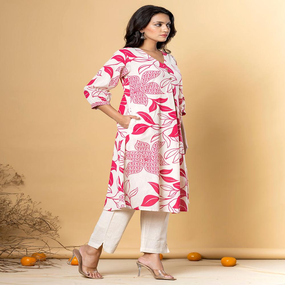 A Line Style Cotton Flex Fabric Pink Color Kurta With Bottom
