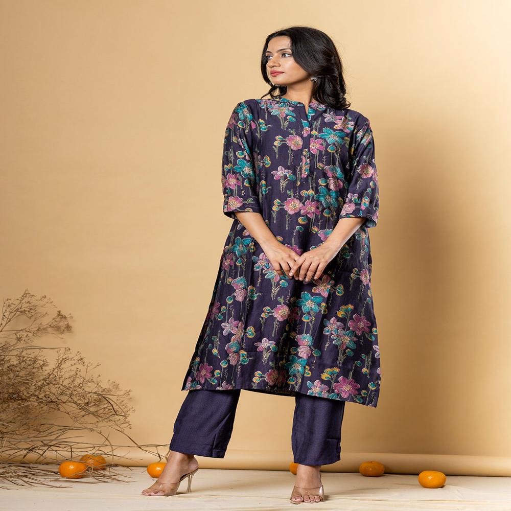Straight Style Viscose Fabric Violet Color Kurta And Bottom 
