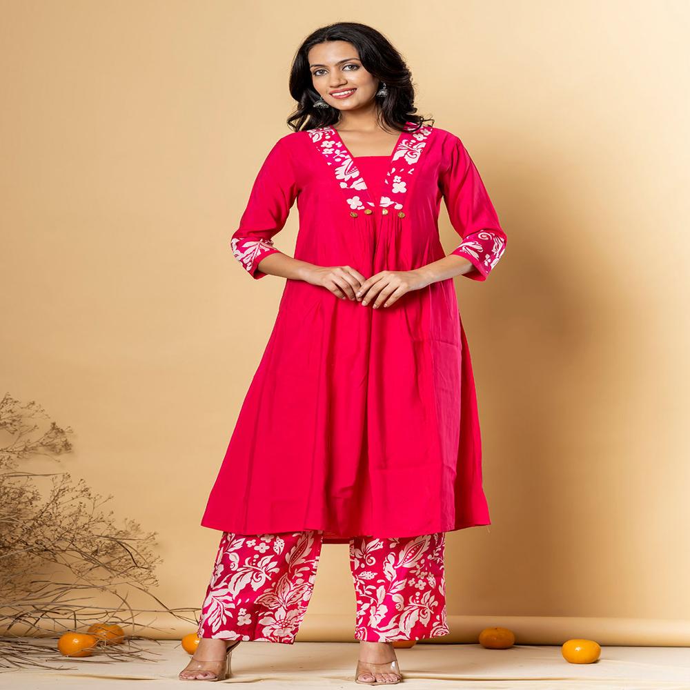 A Line Style Silk Fabric Pink Color Kurta With Bottom