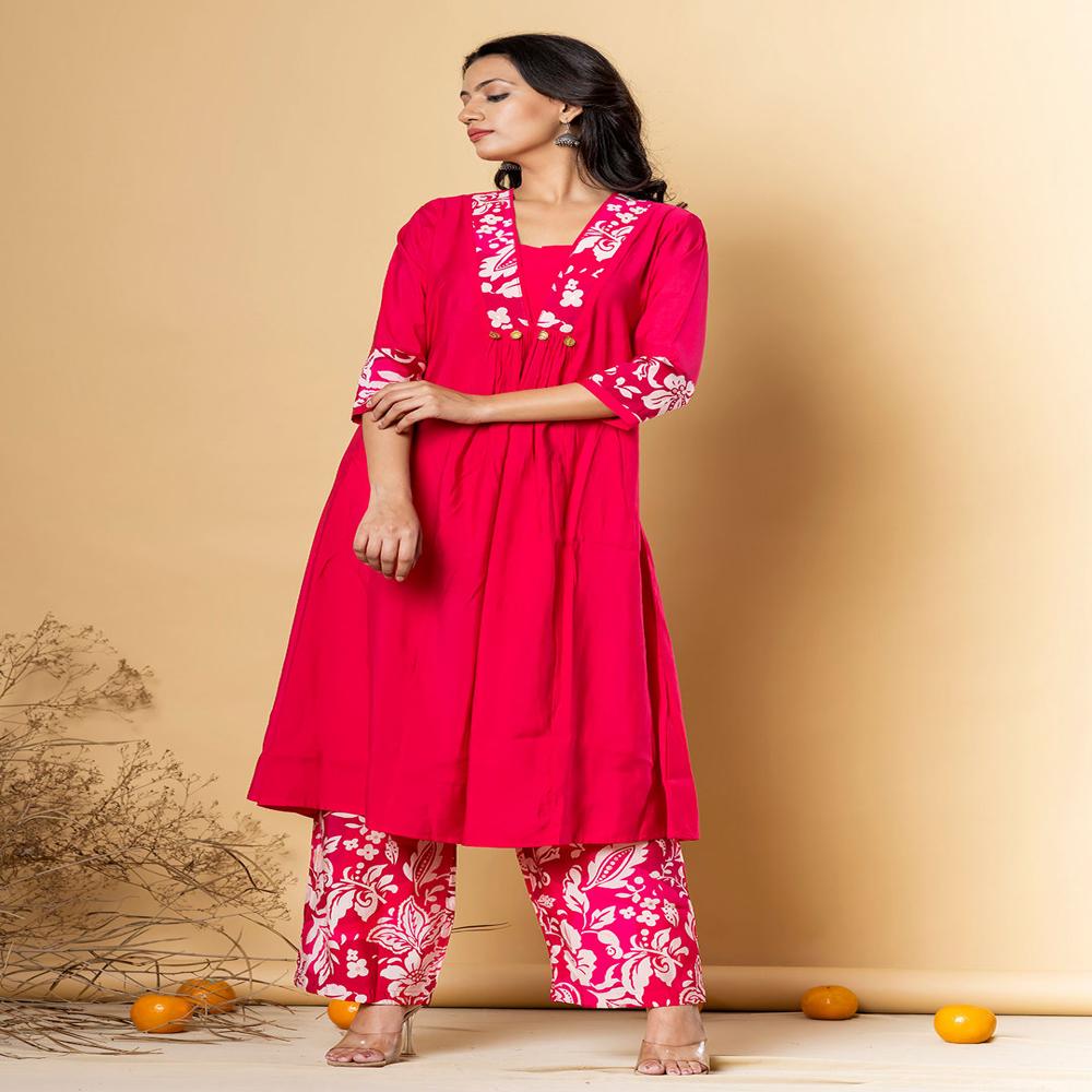 A Line Style Silk Fabric Pink Color Kurta With Bottom