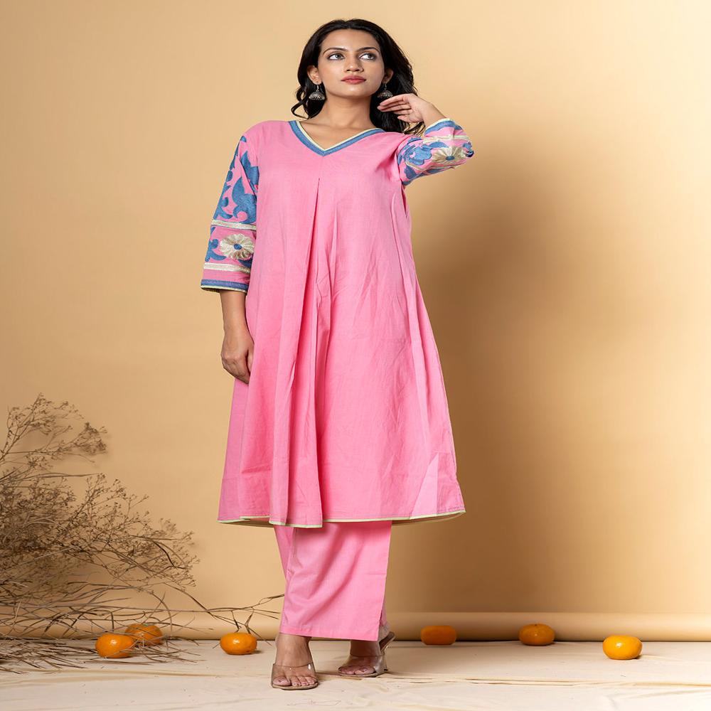 A Line Style Cotton Fabric Pink Color Kurta With Bottom