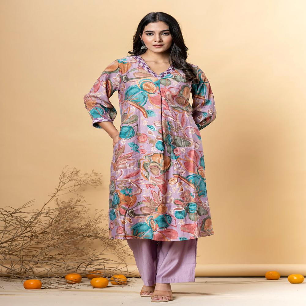 A Line Style Viscose Fabric Purple Color Kurta With Bottom