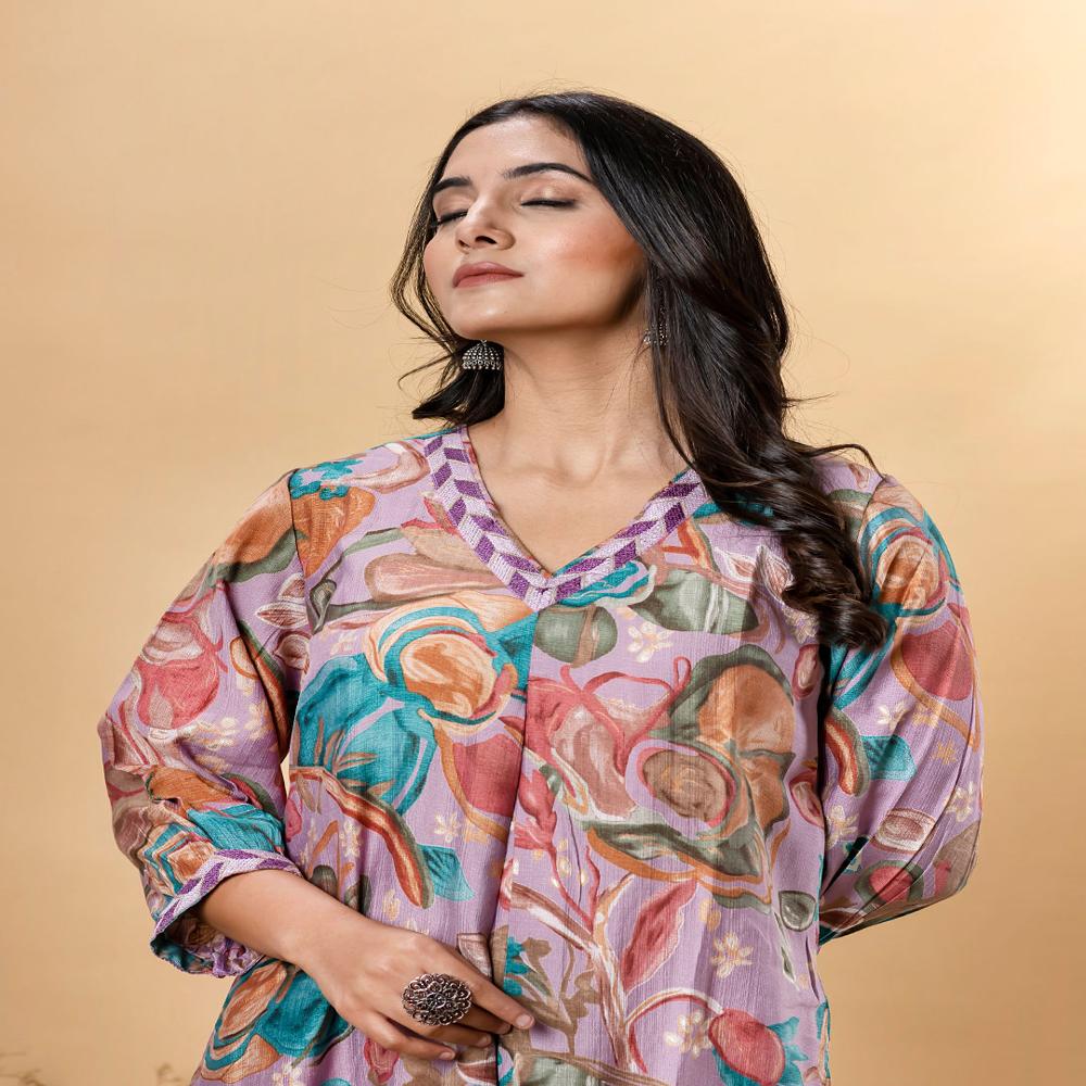 A Line Style Viscose Fabric Purple Color Kurta With Bottom