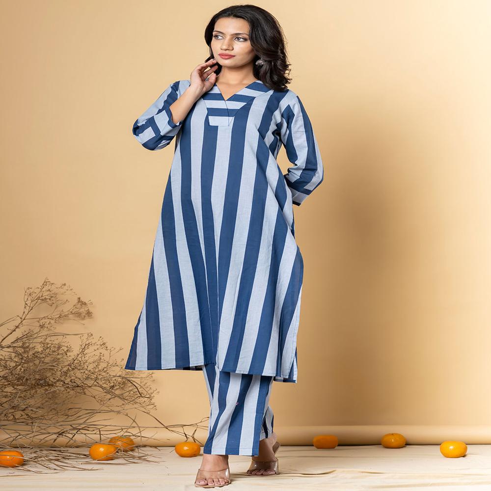 Straight Style Cotton Blend Fabric Blue Color Kurta With Bottom