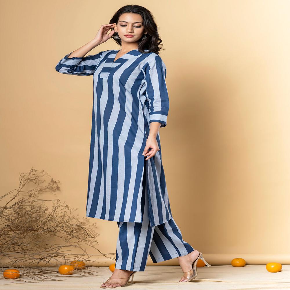 Straight Style Cotton Blend Fabric Blue Color Kurta With Bottom