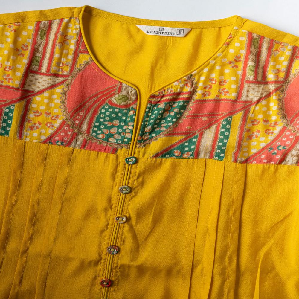 Straight Style Silk Fabric Yellow Color Kurta With Bottom