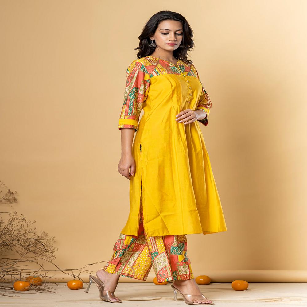 Straight Style Silk Fabric Yellow Color Kurta With Bottom