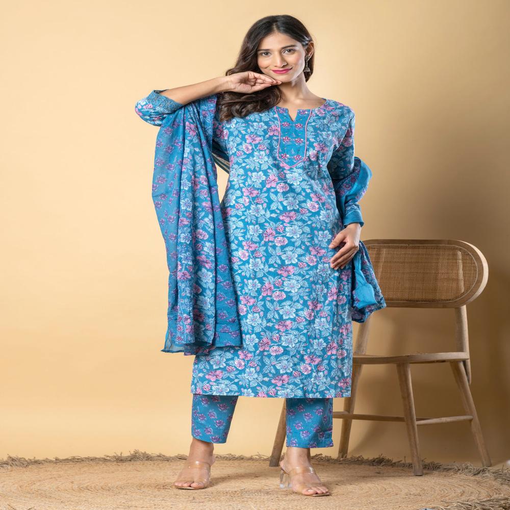 Straight Style Cotton Fabric Blue Color Kurta And Bottom With Dupatta