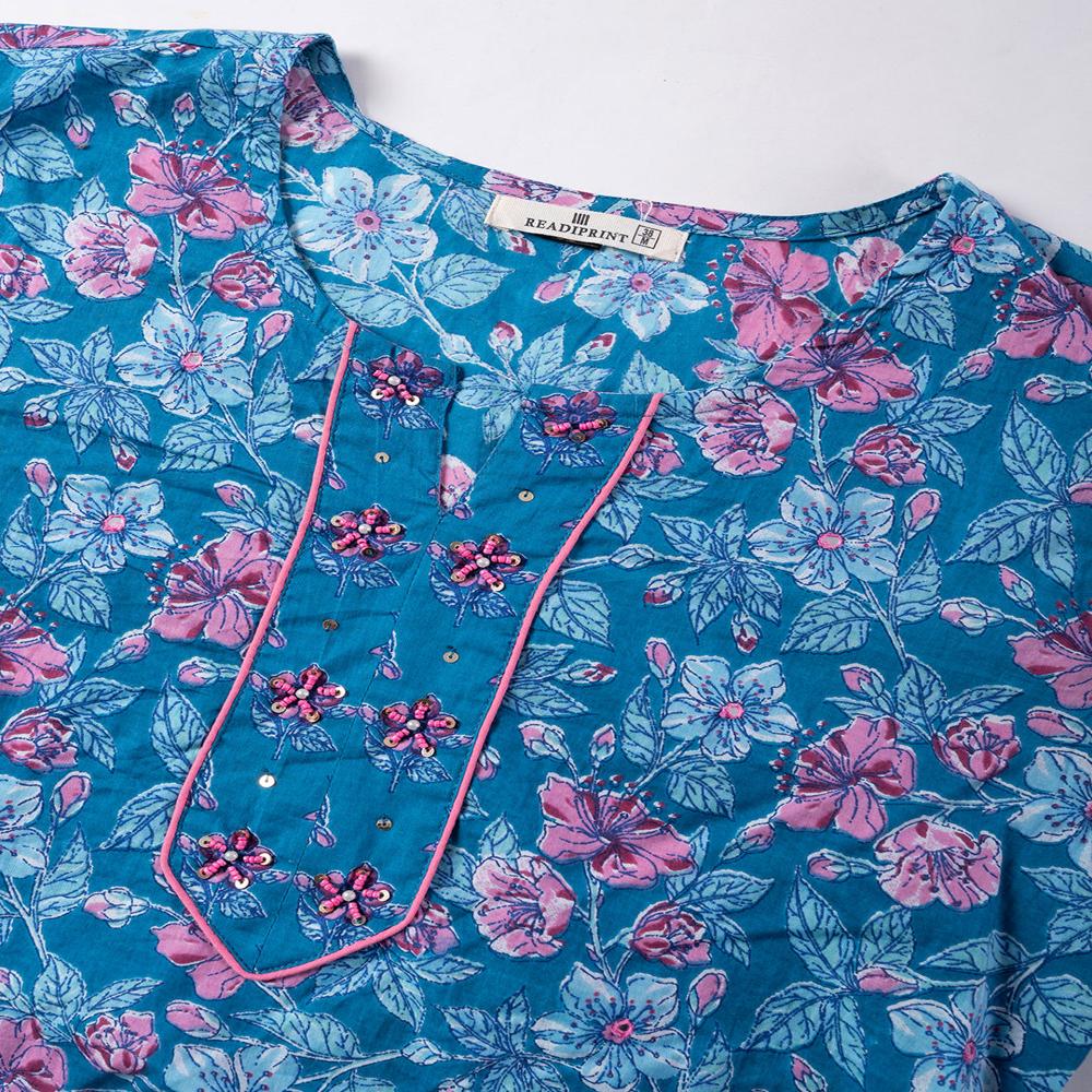 Straight Style Cotton Fabric Blue Color Kurta And Bottom With Dupatta