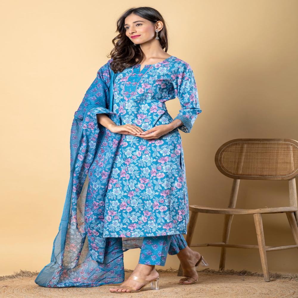 Straight Style Cotton Fabric Blue Color Kurta And Bottom With Dupatta