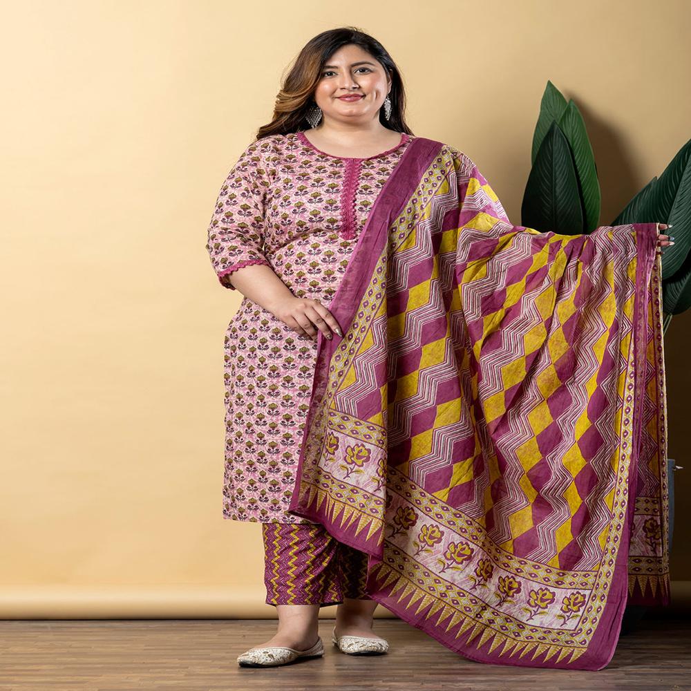 Straight Style Cotton Fabric Mauve Color Kurta With Bottom And Dupatta