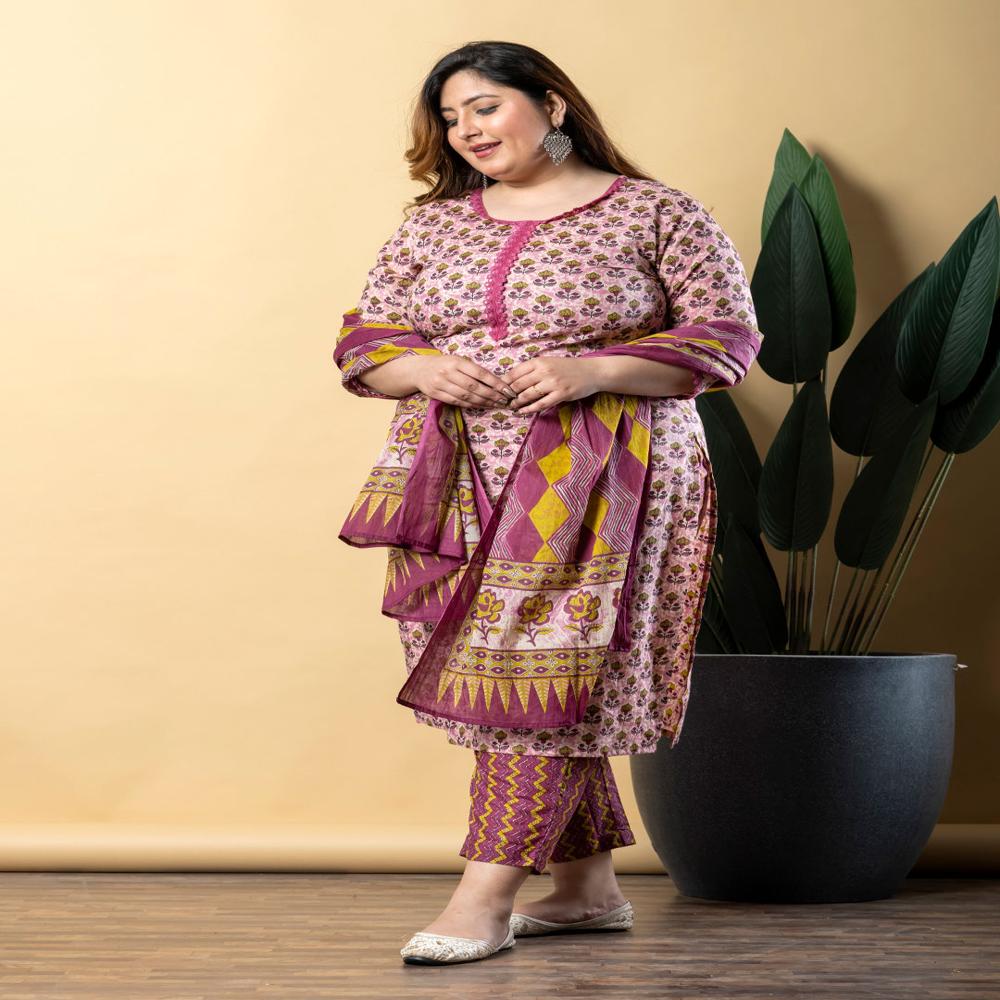Straight Style Cotton Fabric Mauve Color Kurta With Bottom And Dupatta