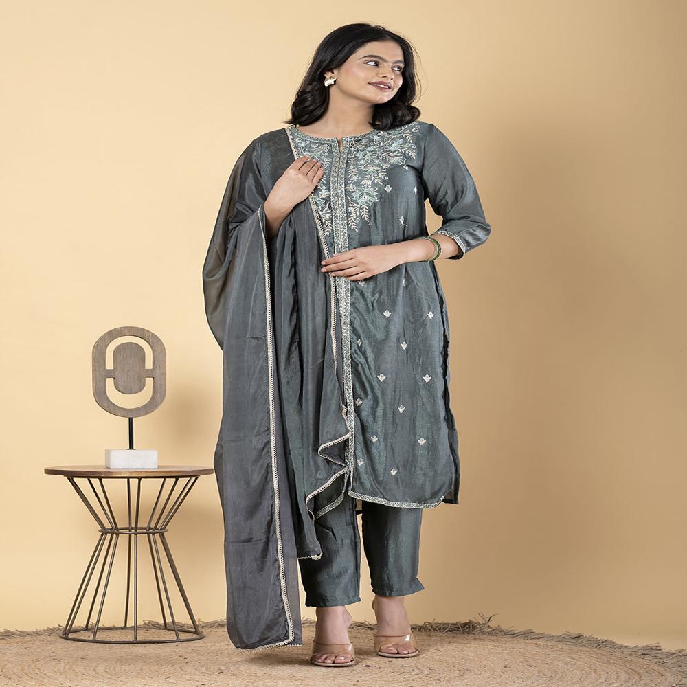Straight Style Silk Fabric Green Color Kurta And Bottom With Dupatta