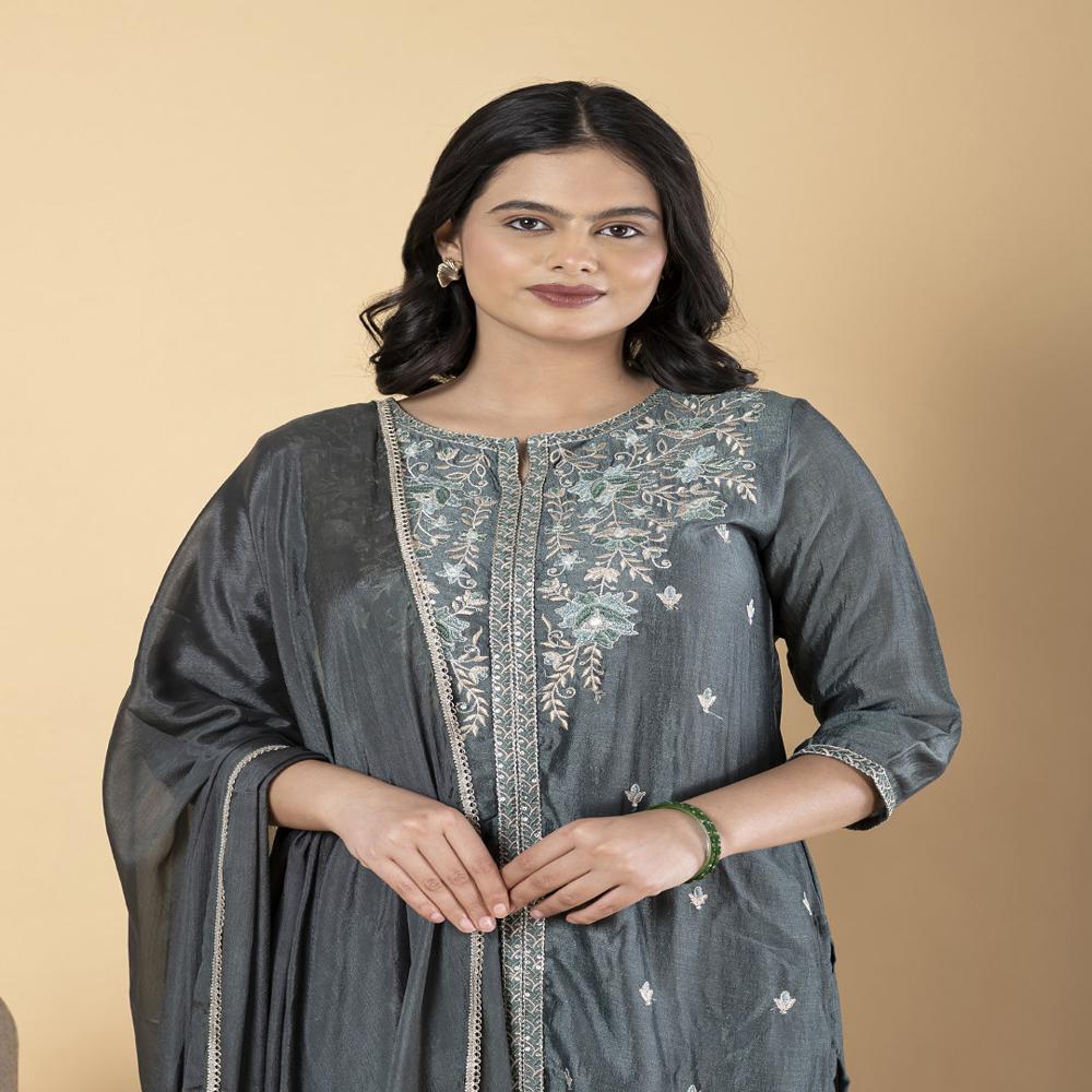 Straight Style Silk Fabric Green Color Kurta And Bottom With Dupatta