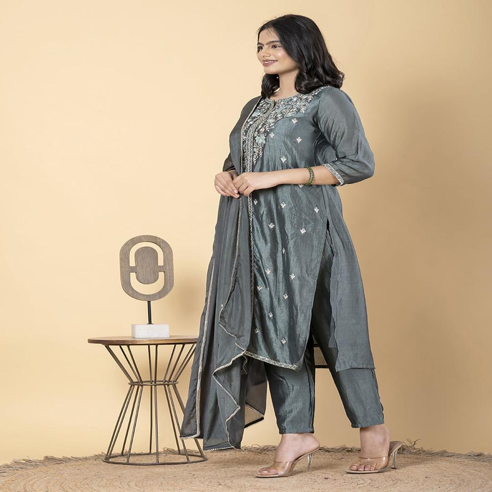 Straight Style Silk Fabric Green Color Kurta And Bottom With Dupatta