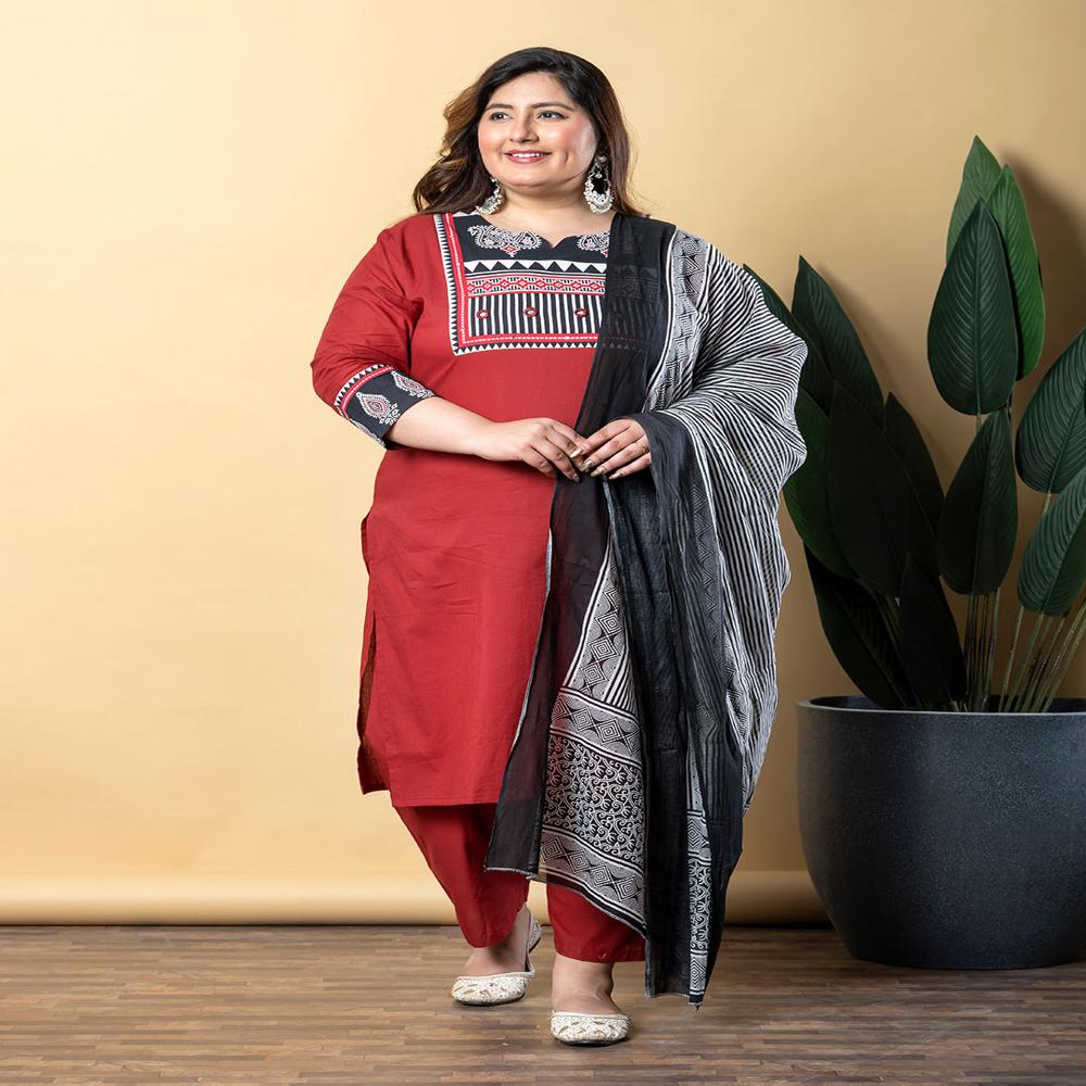 Straight Style Cotton Fabric Maroon Color Kurta With Bottom And Dupatta
