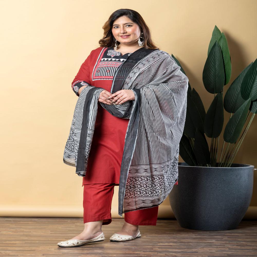 Straight Style Cotton Fabric Maroon Color Kurta With Bottom And Dupatta