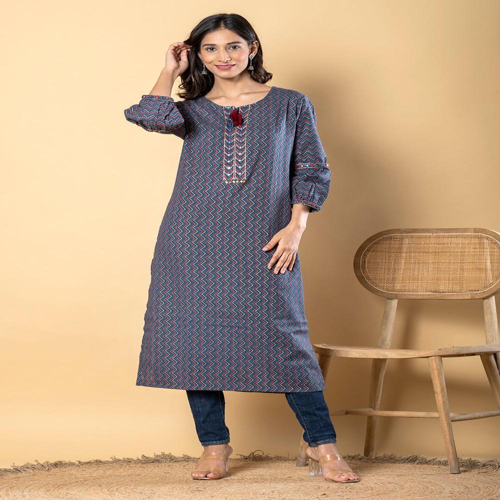 Straight Style Cotton Flex Fabric Navy Blue Color Kurta