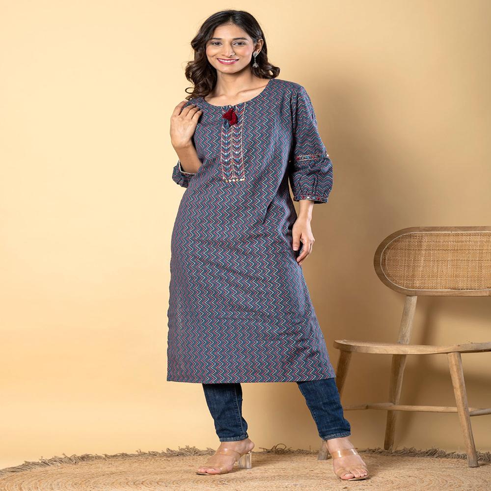 Straight Style Cotton Flex Fabric Navy Blue Color Kurta 