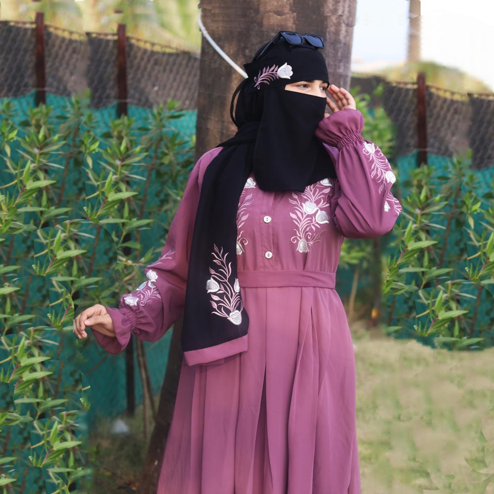 Purple Abaya Embroidery Work Burqa For Women Modest Wear Stylish Dubai Abaya