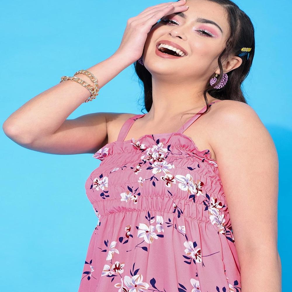 Floral Print Smocked Strappy Mini Dress