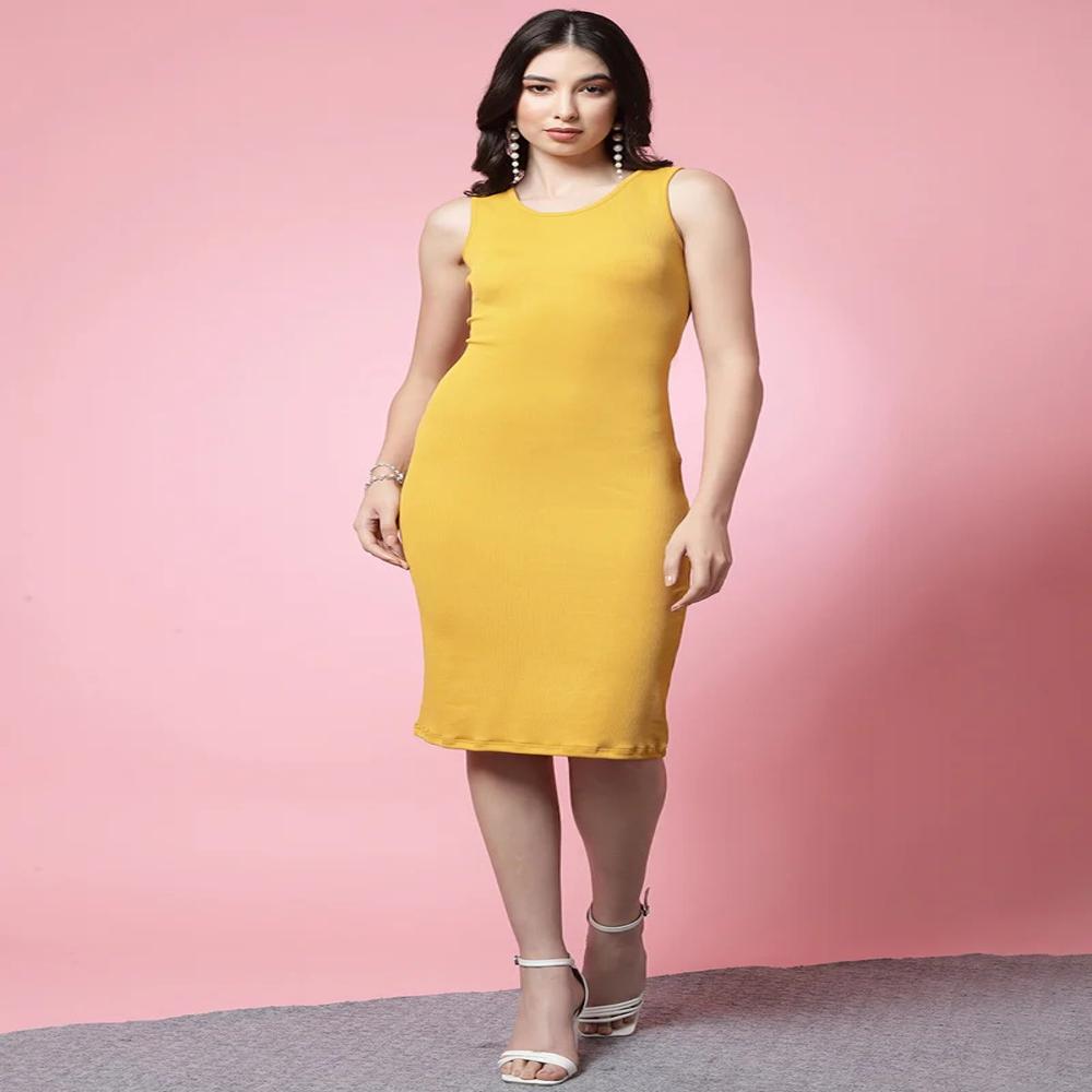 Yellow Round Neck Lycra Bodycon Dress