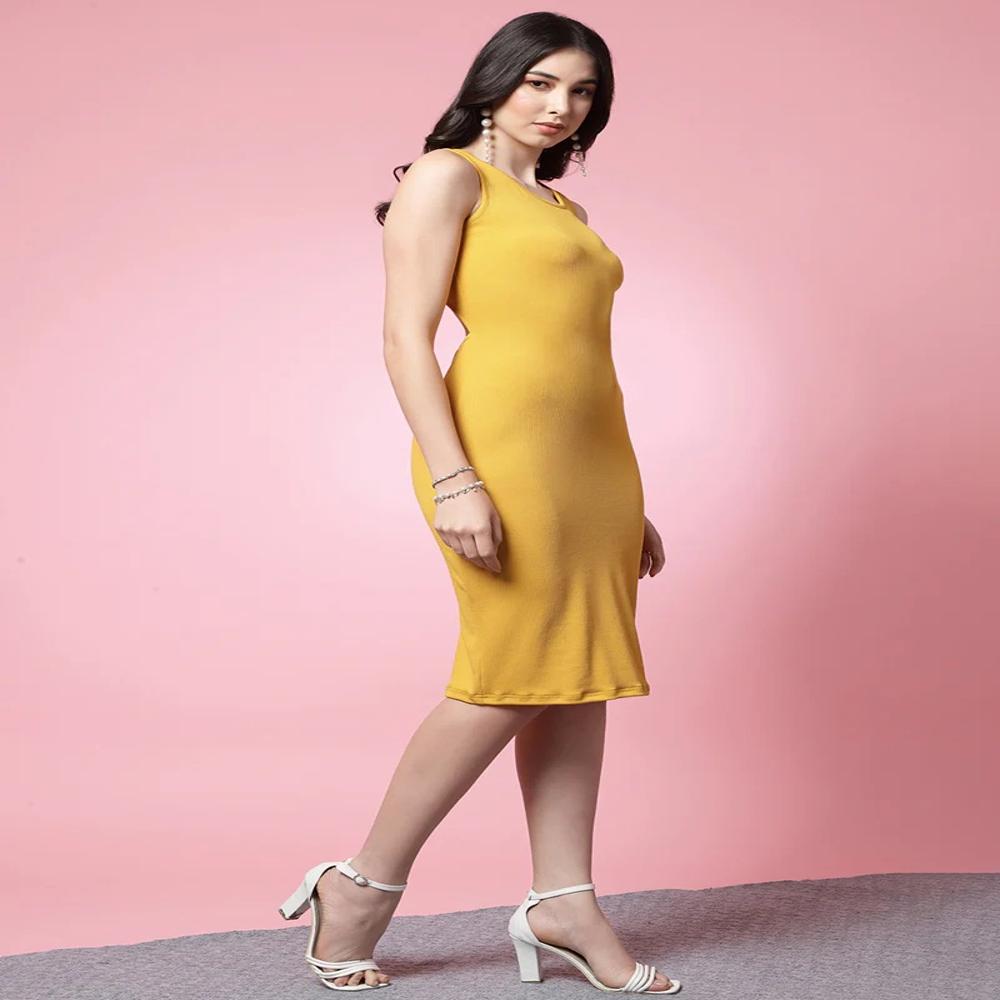 Yellow Round Neck Lycra Bodycon Dress