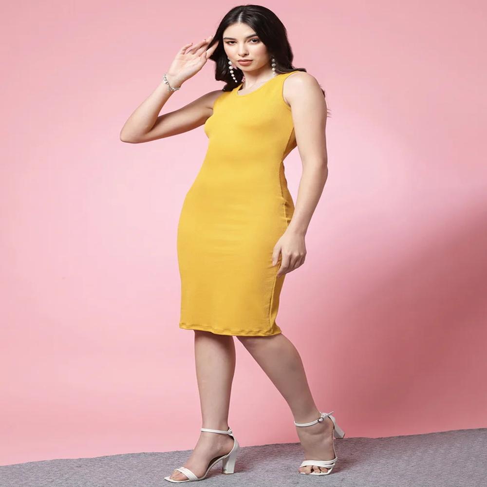 Yellow Round Neck Lycra Bodycon Dress